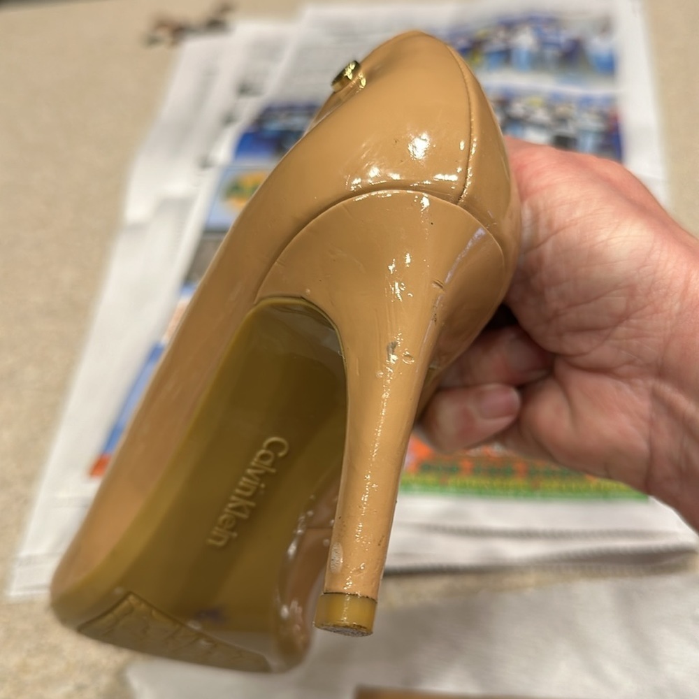 Calvin Klein Patent Pointed-Toe Kitten Heel Pumps in Nude - Picture 12 of 15